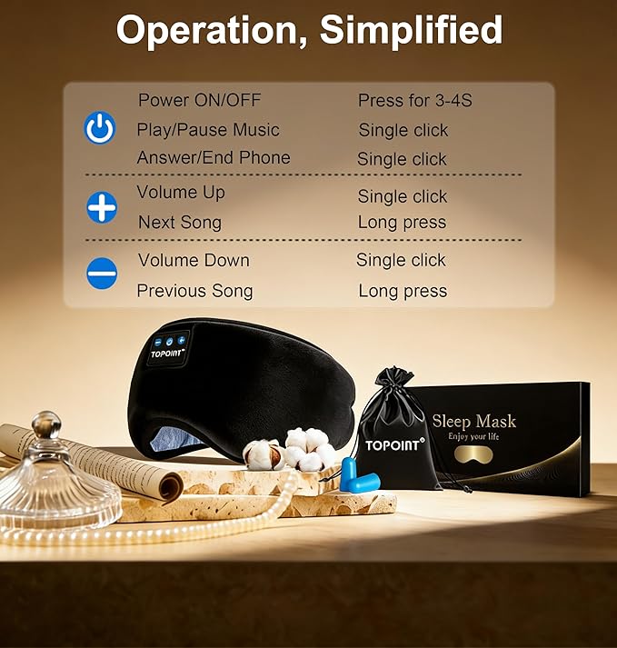 TOPOINT Sleep Mask with Headphones Bluetooth 5.4 Wireless, Sleep Headphones Earphones Earbuds with Microphone HD Speakers Music, Blackout Eye Mask for Sleeping Travel Meditation Men Women Cool Gadgets