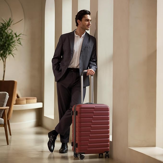 Coolife Medium Checked Luggage with Spinner Wheels, Hardside Suitcase TSA Lock Lightweight Travel Luggage 24-inch,Wine Red