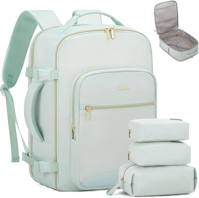 LOVEVOOK Travel Backpack for Women & Men 40L,Airline Approved Carry On Backpack Travel Essentials,TSA Carry on Luggage,Waterproof Personal Item Travel Bag Suitcase,3 Packing Cubes,Turquoise-Turquoise