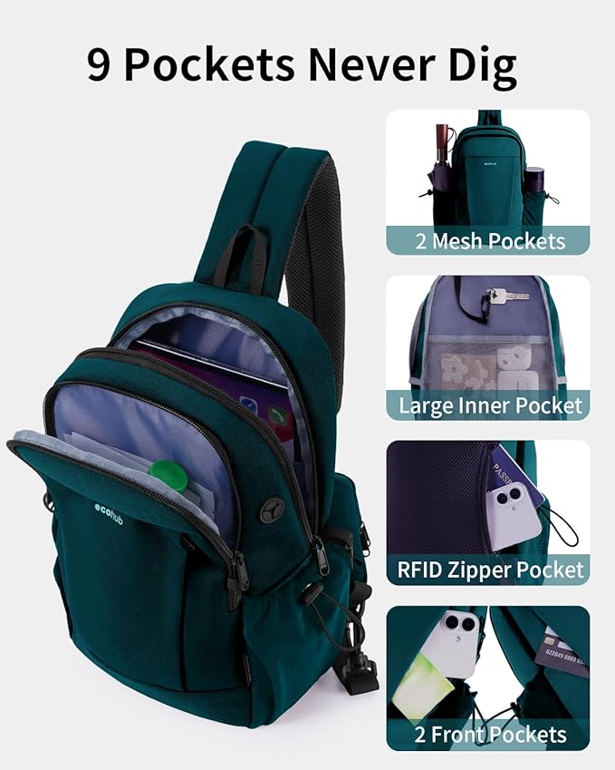 ECOHUB Anti-Theft Crossbody Bag Men Women, RFID Blocking Lightweight Sling Backpack Eco-Friendly with 9 Pockets Sturdy SBS Zippers Water Resistant for Travel Work Hiking Outdoor, Turquoise
