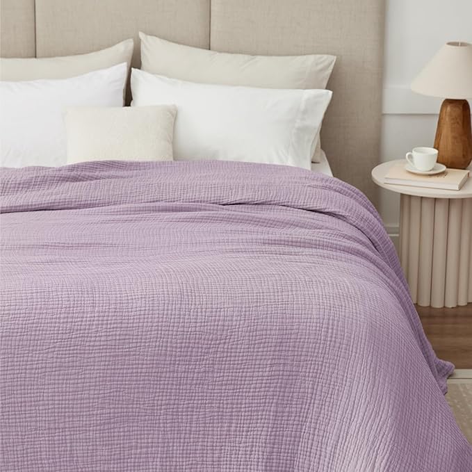 100% Cotton Muslin Blanket California King 120" x 90", 6 Layers Breathable and Lightweight Oversized Blankets for Bed, Soft Cooling Gauze Blanket for Adults All Season, Lavender
