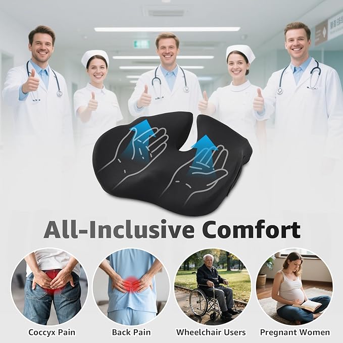 BRO Extra Large Office Chair Cushion for Sciatica Pain Relief: Memory Foam Seat Cushion for Tailbone Pain Relief Support for Long Sitting - 2 × Removable Covers with Handle - Car/Office/Home Use