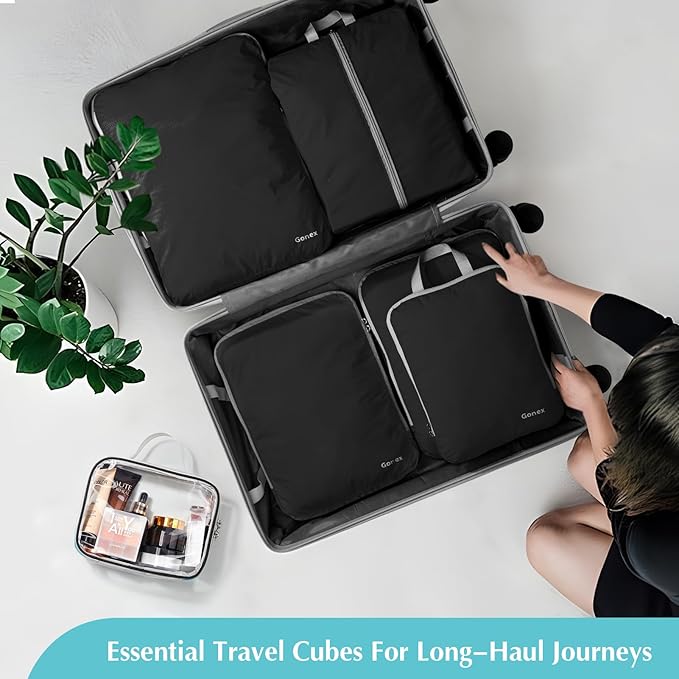 Gonex Compression Packing Cubes, 6pcs Expandable Storage Travel Luggage Bags Organizers with Shoe Bag, Clear Toiletry Bag (Black)