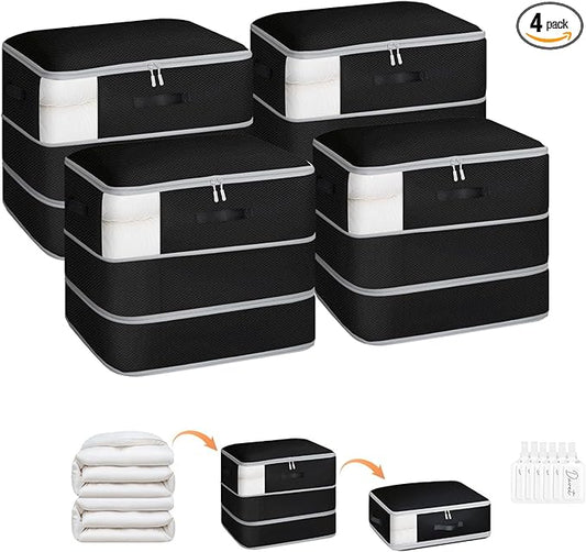 4 Pack Compression Storage Bags - 110L Large Capacity Comforter Storage Bag, 3-Layer Washable Ultra Space Saving Self Compression Organizer Space Bags for Blanket, Sweater, Sheet, Black