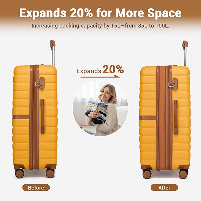 Kono Expandable 28 Inch Luggage with Spinner Wheels, Large Checked Luggage with TSA Lock, Lightweight & Anti-Scratch PC+ABS Hardshell Travel Suitcase, Yellow/Brown