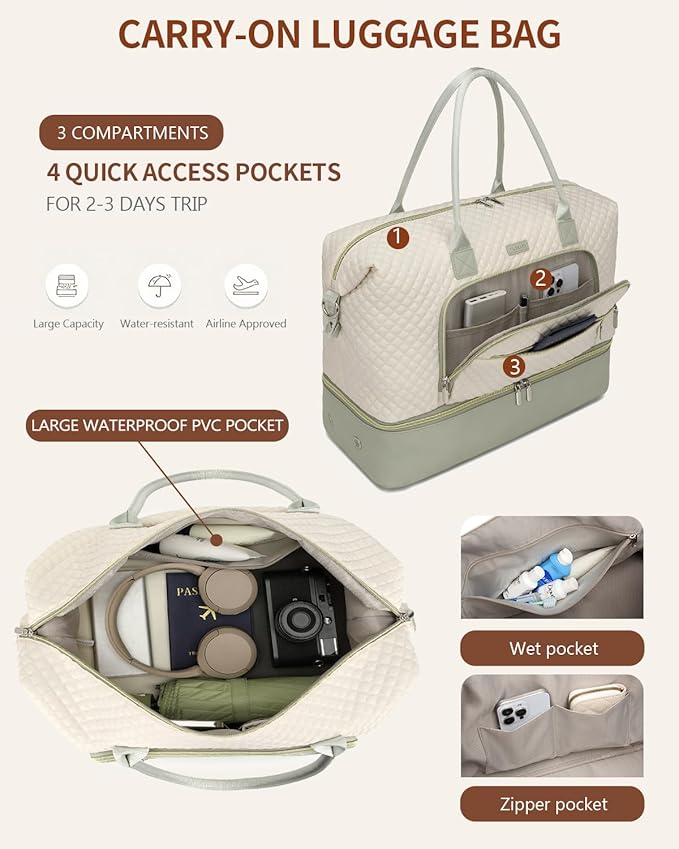 Weekender Bags for Women, Travel Duffle Bag Carry On Overnight Bag with Cosmetics Bag and Crossbody Purse for Gym Hospital, Gifts for Women, Beige Green