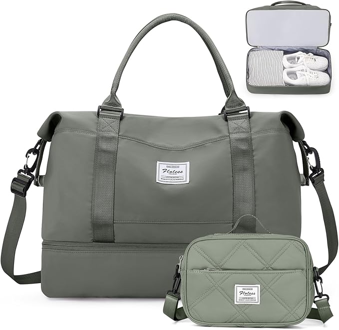 Weekender Bags for Women,Personal Item Travel Bag with Shoes Compartment,Overnight Travel Duffel Bag with Quilted Toiletry Bag,Olive Green
