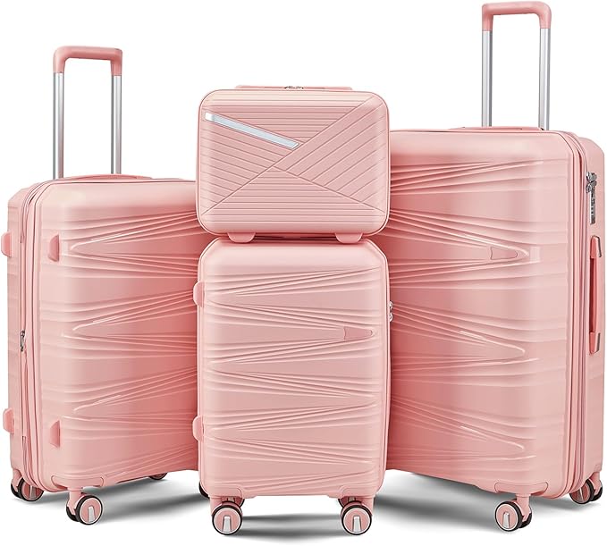 4 Piece Expandable Hardshell Pink Luggage Sets with Spinner Wheels, Lightweight Travel Suitcase Set with TSA Locks, 20 inch Carry On for Women (Pink, 4 Piece Set)