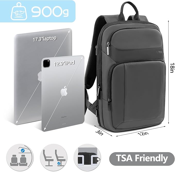 Backpack for Men Slim & Expandable Travel Laptop Backpack with USB Charging Port Water Resistant Anti-Theft Business Backpack Fits 17.3In Laptop for Commute Work College with Small Bag (Simple Gray)