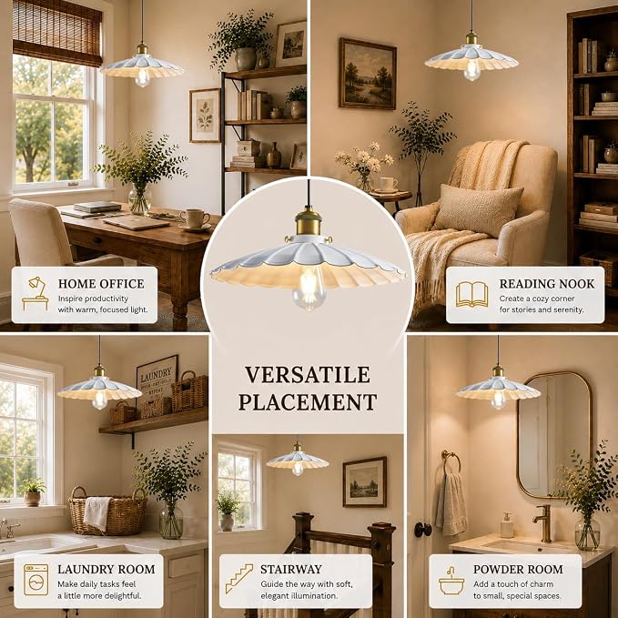Plug in Pendant Light 13.8 Inch Round Metal Shade Vintage White Pendant Light for Kitchen Island 13Ft Adjustable Dome Industrial Hanging Lamp Living Room
