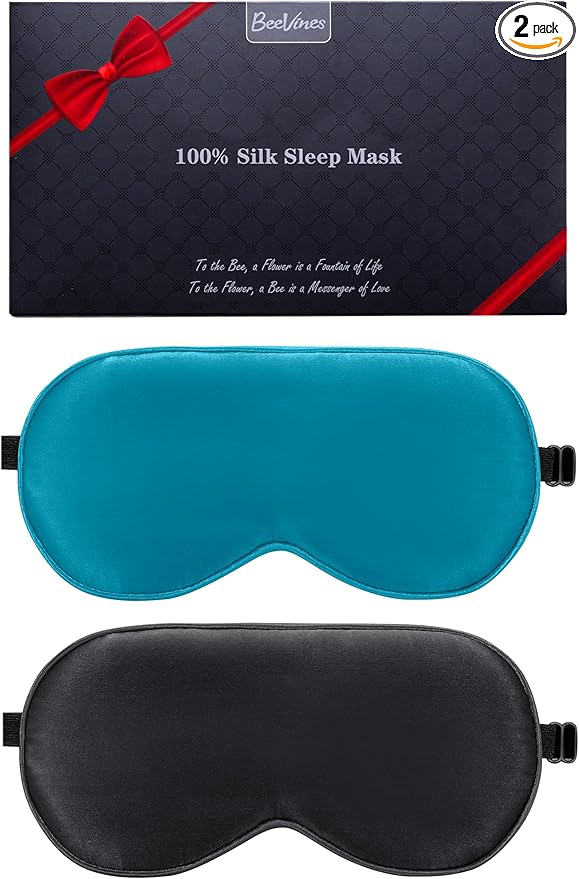 BeeVines 100% Real Mulberry Silk 2 Pack Sleep Mask, Pure Silk Eye Masks with Adjustable Strap for Sleeping, 100% Block Light Eye Shade Cover, Reduces Puffy Eyes Traveling Gifts(Black & Peacock Blue)