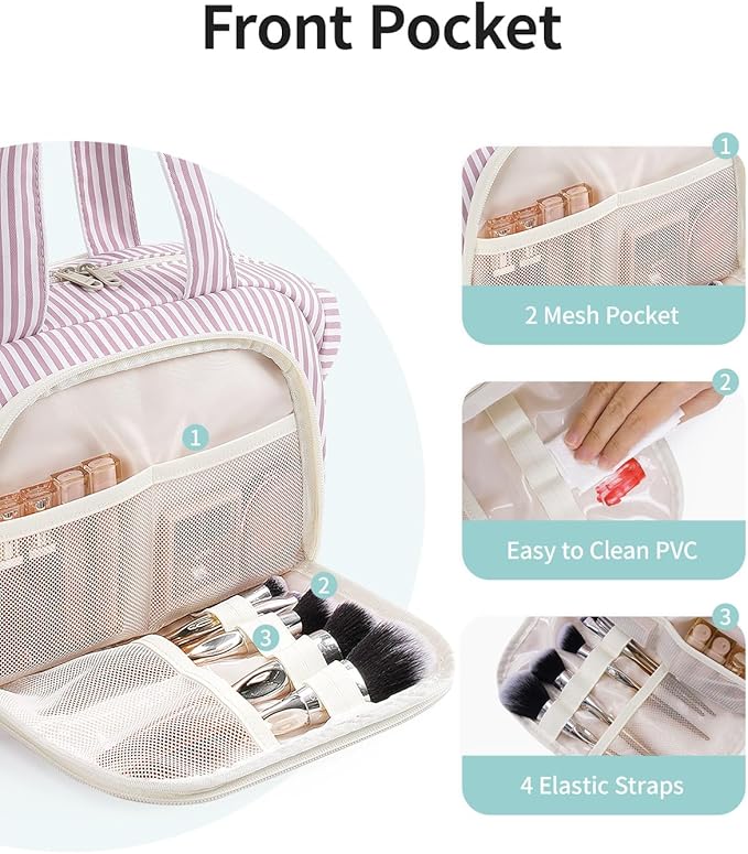 Narwey Travel Toiletry Bag for Women, Wide Open Large Makeup Bag, Cosmetic Bag Make Up Organizer with Handle, Wet Pocket for Towel, Travel Bag for Toiletries, Brushes, Essentials (Dusty Pink Stripe)