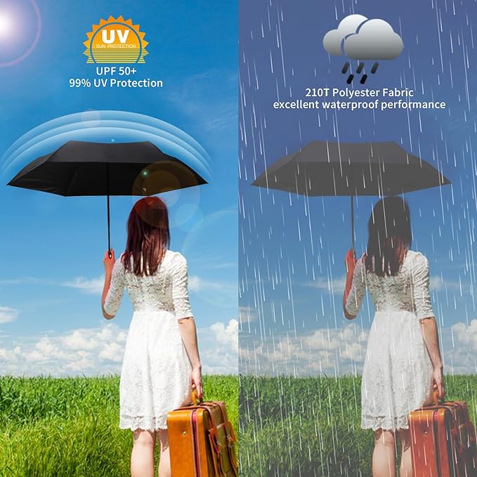 GAOYAING Mini Compact Travel Umbrella with Reflective Safety Stripes, Portable Folding Design with Case