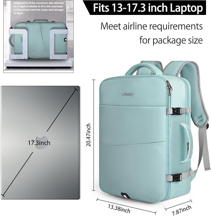 Lubardy Travel Backpack for Men Women 17 Inch Flight Approved Carry on Backpack Waterproof Large 40L Luggage Daypack Business College Weekender Overnight Laptop Backpack with 3 Packing Cubes, Green