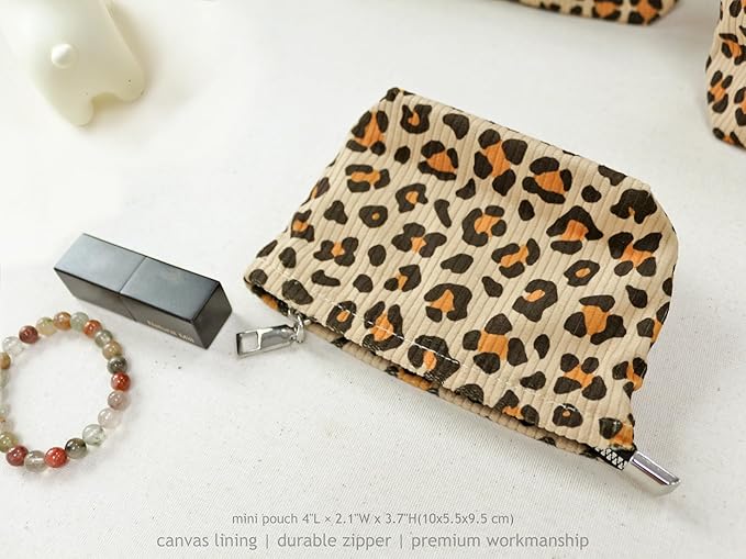 HAPPYHEIDI Leopard Corduroy Makeup Bag Cosmetic Toiletry Travel Pouch Car Organizer, 3-Size, Vintage Brown Coquette Cheetah