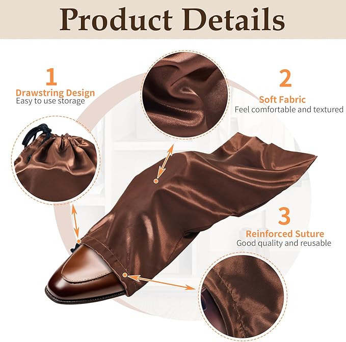 Ersmak 6 Pack Shoe Bags for Travel - Satin Shoe Bag with Drawstring - Brown Shoe Storage Bags for Protecting Storage Shoes - 17.7 x 7.9 In