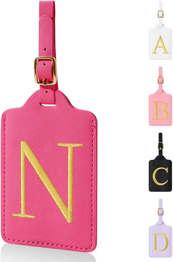 Personalized Initial Luggage Tags for Suitcases,Leather Letter Cute Luggage Tags with Privacy Name Card,Embroidered Monogrammed Travel Bag Backpack Tag Gifts for Women Kids Girls Teens(Rosered-N)