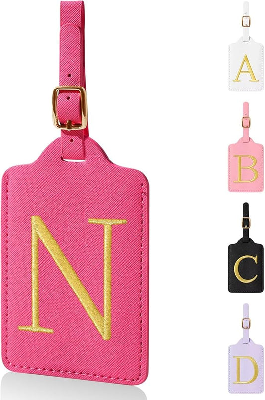 Personalized Initial Luggage Tags for Suitcases,Leather Letter Cute Luggage Tags with Privacy Name Card,Embroidered Monogrammed Travel Bag Backpack Tag Gifts for Women Kids Girls Teens(Rosered-N)