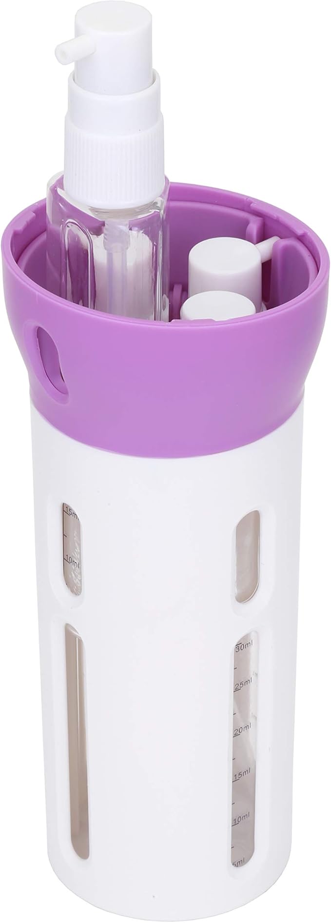 Travigo 4-in-1 Travel Dispenser Bottle Set, TSA Approved, Leak Proof, Reusable 1.4 oz. (40 mL) Toiletry Containers for Shampoo, Conditioner, Soap, Lotion, Skincare (2 Pack, Purple & Gray)