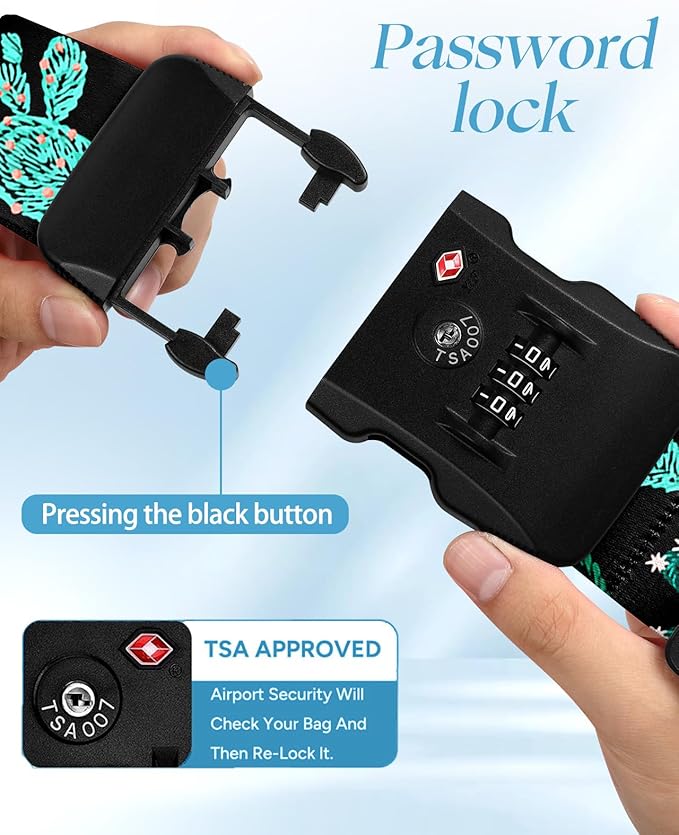 Slohif Luggage Straps TSA Lock for Suitcases - Travel Belt TSA Approved Accessories Luggage Identifiers Carry On Bag with Buckle Nylon Adjustable Band for Add a Bag Cactus