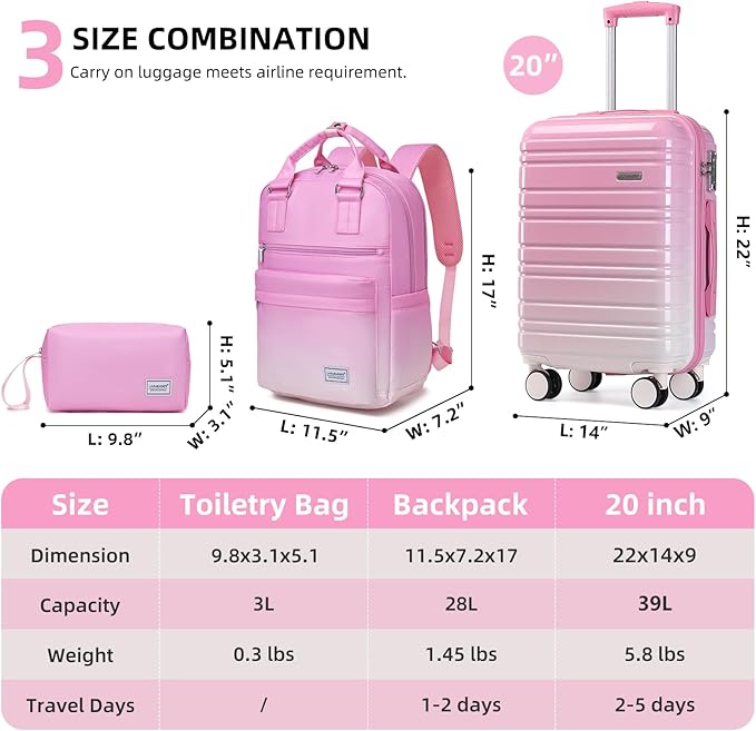LARVENDER Carry on Luggage 22x14x9 Airline Approved Hardshell Suitcase with Wheels TSA Lock, PC+ABS Lightweight Suitcase Set for Women with Travel Backpack, Peach Sparkling, 3 Piece Set