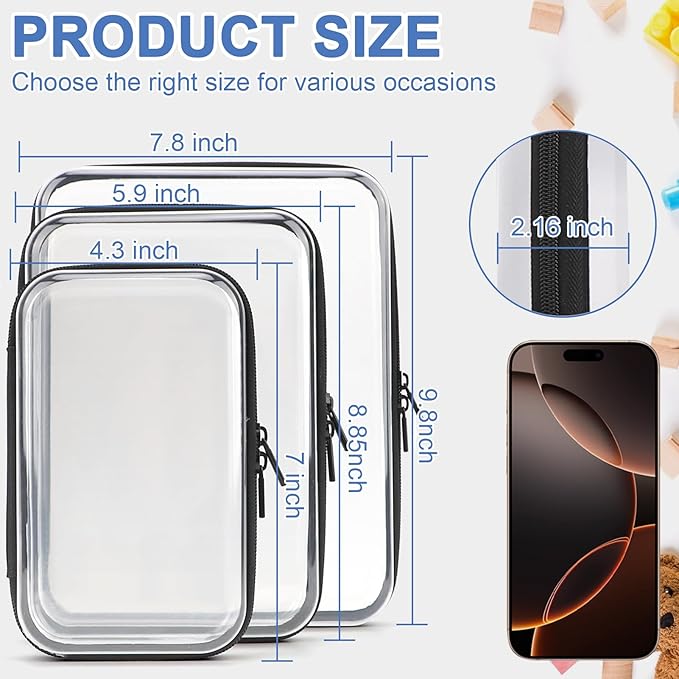 3 Pack Clear Hard Shell Zipper Case, Clear Zipper Pouches Waterproof Makeup Organizer & Travel Toiletry Bag, Diaper Bag Organizing Pouches, Plastic Pouch for Office Home Storage, LMS,Blcak