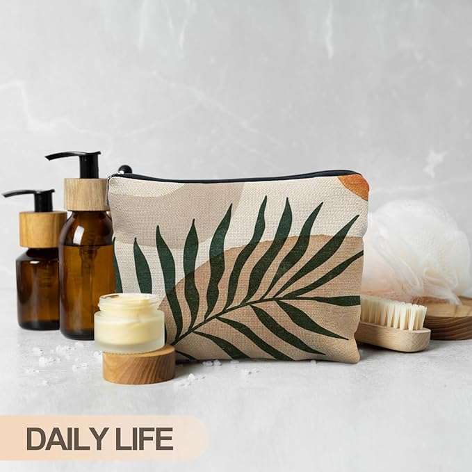 Abstract Boho Botanical Makeup Bag, Tropical Palm Leaf Cosmetic Bags for Women, Boho Gifts for Women, Minimalist Modern Plant Zipper Makeup Pouch
