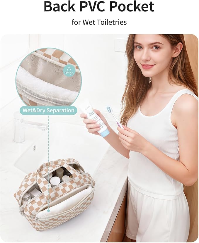 Narwey Travel Toiletry Bag for Women, Checkered Large Makeup Bag, Wide Open Cosmetic Make Up Organizer, Wet Pocket for Towel, Travel Bag for Toiletries, Brushes, Essentials (Light Brown Checker)