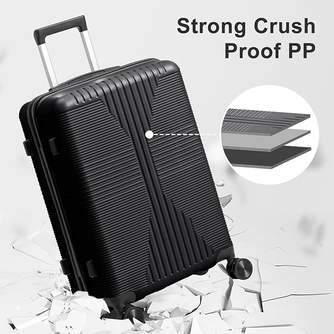 Karl home Luggage Sets 4 Piece, PP Hard Case Suitcase Set with Built-in Lock Spinner Wheels, Lightweight Durable Carry on Luggage for Business Travel - Black (16/20/24/28")