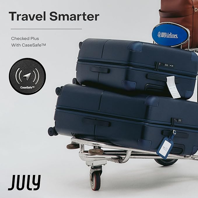 Checked Plus with CaseSafe - 28.75" Trackable TSA Lock Airline Approved Check In Luggage with Wheels, Rolling Suitcase for Men & Women - Silent Spinner Wheels, Y-Strap - Navy