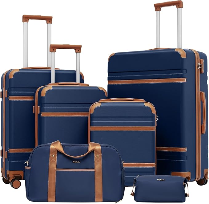 LONG VACATION Luggage Sets 6 Piece ABS+PC Hardshell Suitcase Set with Spinner Wheels, TSA Lock, YKK Zipper, Durable Travel Luggage