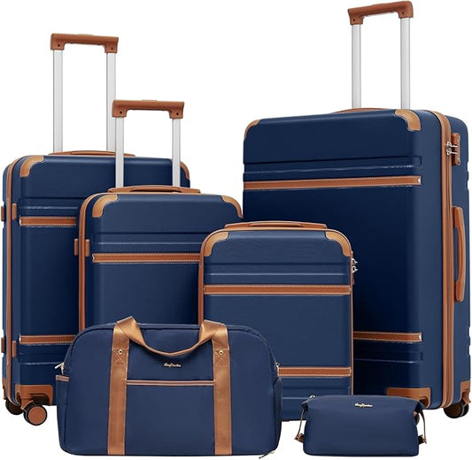 LONG VACATION Luggage Sets 6 Piece ABS+PC Hardshell Suitcase Set with Spinner Wheels, TSA Lock, YKK Zipper, Durable Travel Luggage