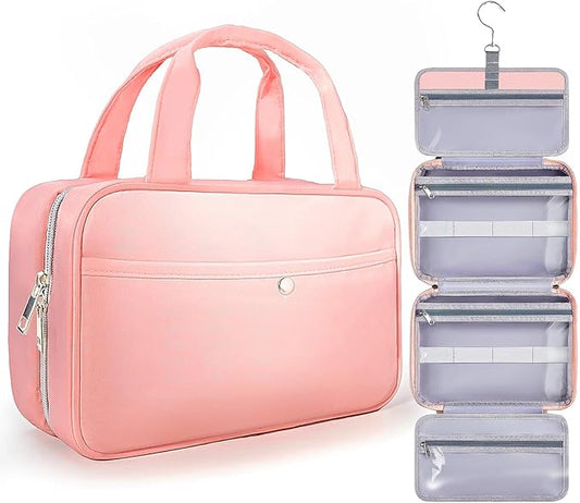 Travel Hanging Toiletry Bag for Women - Waterproof Cosmetic Organizer with Clear Window, Lightweight Bathroom Bags for Essentials, Makeup, Shampoo, Toiletries Dark Pink, Medium