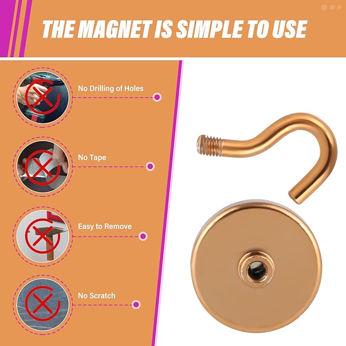 Neosmuk Magnetic Hooks Heavy Duty,Strong Magnet with Hook for Fridge, Super Neodymium Extra Strength Industrial Hooks for Hanging, Magnetic Hanger for Toolbox, Cruise, Grill(Bronze,6 Pack)