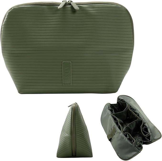 THE VERTI-Vertical Waterproof Makeup & Toiletry Bag | 23-Pocket Organizer with Upright, Fold-Down Design for Skincare, Toiletries & Essentials (Olive)