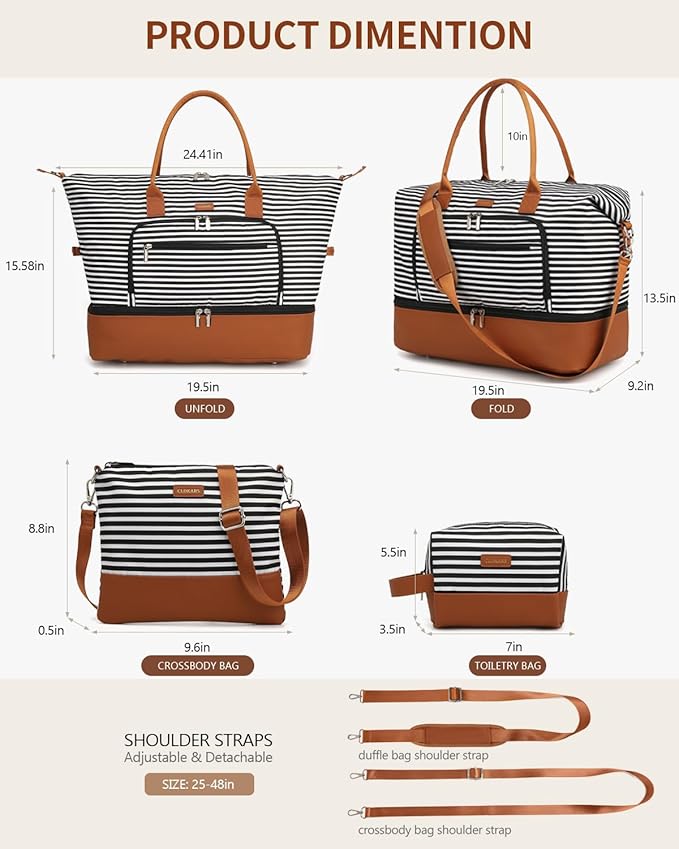 Duffle Bag for Women Travel, Weekender Bag Overnight Bag with Shoe Compartment, Carry on Bag with Crossbody Purse for Over Night, Weekend, Yoga, Gym, Business Trips, Hospital, Black Strip