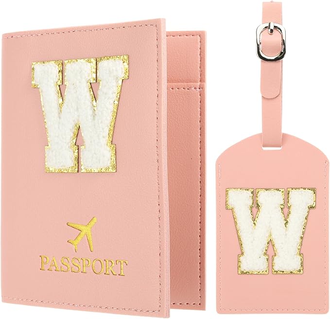 PATIKIL Passport Holder for Travel, Initial Passport Cover and Luggage Tag Set with Alphabet Chenille Letter Patch Travel Wallet Bag Suitcase Identifier for Women Family Travel Pink W