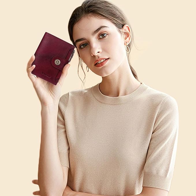 Wallet Women,RFID Blocking Real Leather Womens Wallet Bifold Compact Card Holder Small Wallet for Women with Removable ID Window Red