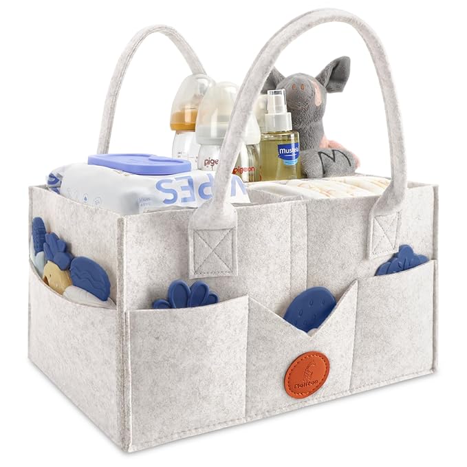 Maliton Baby Diaper Caddy, Car Organizer with Handle, Felt Diaper Caddy for Baby Boy Girl, Changing Table Organizer for Baby Stuff, 16" x 10" x 7" Baby Organizer for Nursery (White)