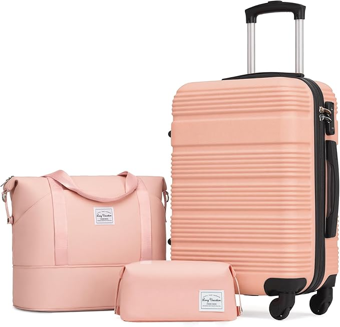LONG VACATION 3 Piece Carry On Luggage 20 Inch Suitcase with Spinner Wheels, ABS+PC Hardshell Suitcase set with TSA Lock & YKK Zipper, Pink