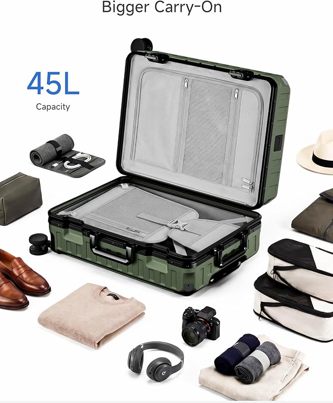 LUGGEX Carry On Luggage with Spinner Wheels, 8010S Aluminum Frame Zipperless Polycarbonate Hard Shell Suitcase with Packing Cubes and Shoe Bag (ZX-Core, Green, 21 Inch)