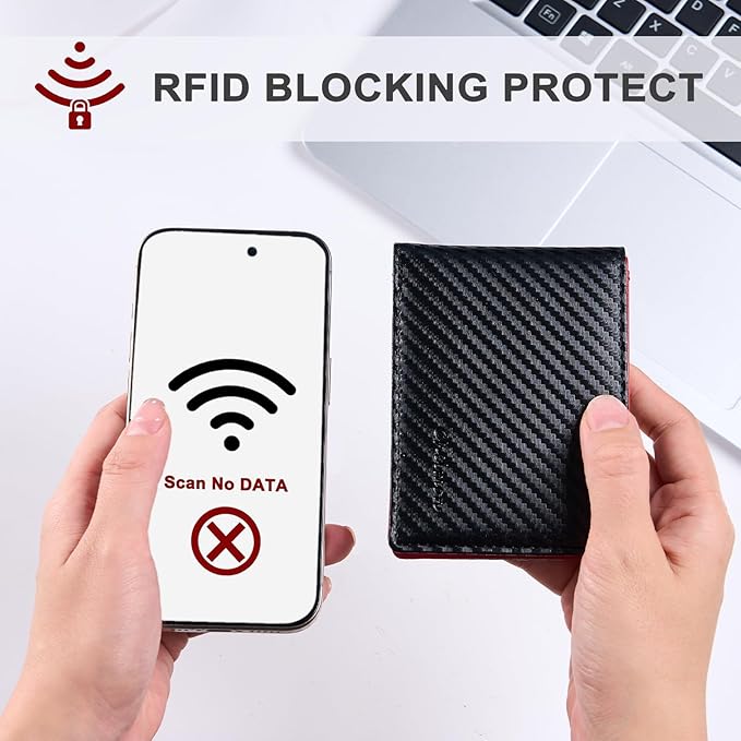 Chelmon Slim Wallet for Men ID Window with RFID Blocking Front Pocket Minimalist Bifold Bussiness Card Holder Gift for Men, Carbon Black & Red