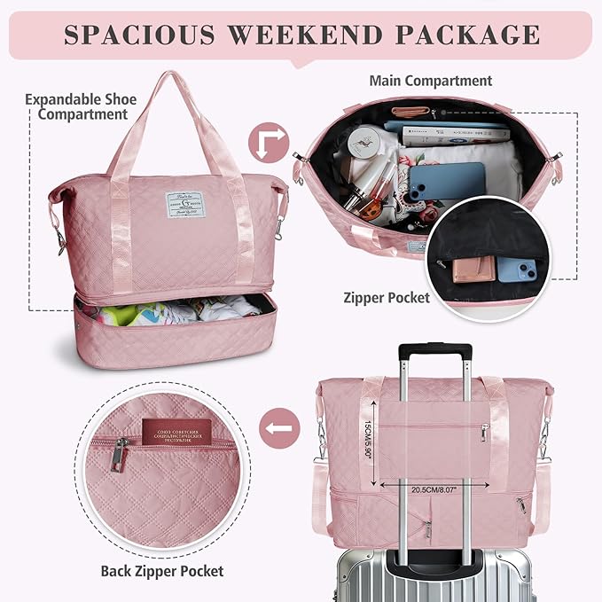 Geestock Travel Duffel Bag, Weekender Bags for Women, Carry on Overnight Bag with Shoe Compartment & Trolley Sleeve, Personal Item Travel Bags with Storage Pouch for Travel, Yoga, Gym, Hospital, Pink