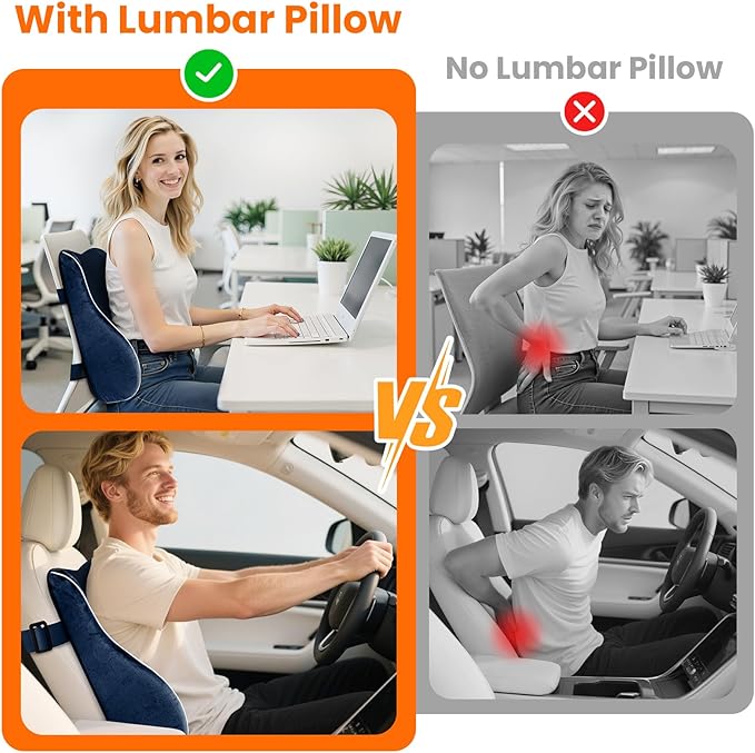 CloudBliss Ergonomic Lumbar Support Pillow – Memory Foam for Lower Back Pain Relief, Adjustable Straps & Mesh Cover for Office, Gaming, Car & Home Essentials (Blue)
