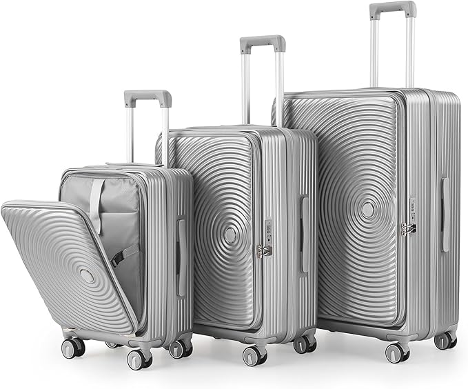 3 Piece Luggage Set 100% PC Hardshell, Front Opening Expandable Suitcase (20/24/28) with Laptop Compartment & Free Custom PVC Covers, Trunk Style Lightweight Spinner Wheels TSA Lock (Silver)