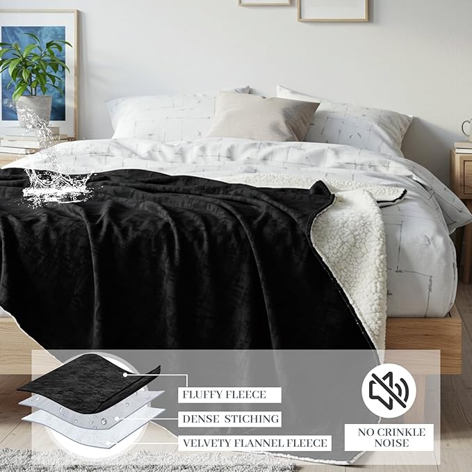 Tisancy King Size Waterproof Blanket for Bed Couch, 80'' x 80'' Double Side Leakproof Reversible Sherpa Flannel Fleece 3-Layer Lightweight Blanket, Absorbs 70oz(Black/White), Machine Washable