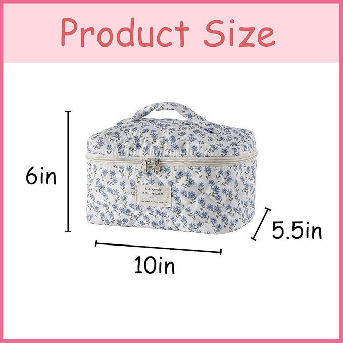 uekeboag Large Travel Quilted Makeup Bag for Women, Floral Cotton Cosmetic Bag, Coquette Aesthetic Floral Toiletry Organizer Bag