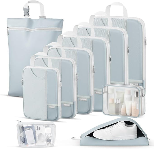 Percover Compression Packing Cubes 10-Piece Set, Packing Cubes Compression for Travel with Toiletry Bag, Laundry Bag & Shoe Bag, All-in-One Travel Organizer for Carry On & Checked Luggage, Slate Blue