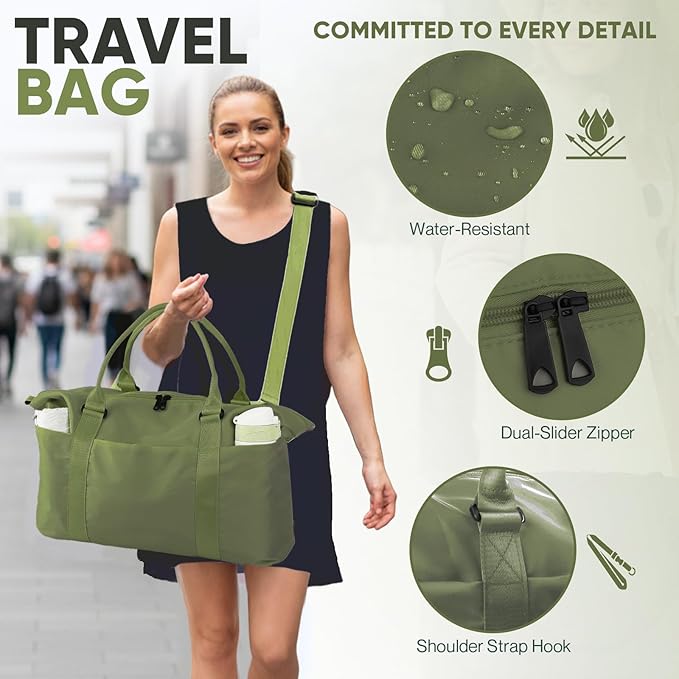 Travel Duffle Bag, Weekender Travel Bag Men Small Gym Bag for Women, Hospital Bag for Labor and Delivery, Overnight Bag Luggage Bag with Trolley Sleeve, Airplane Travel Essentials for Flying(Green)