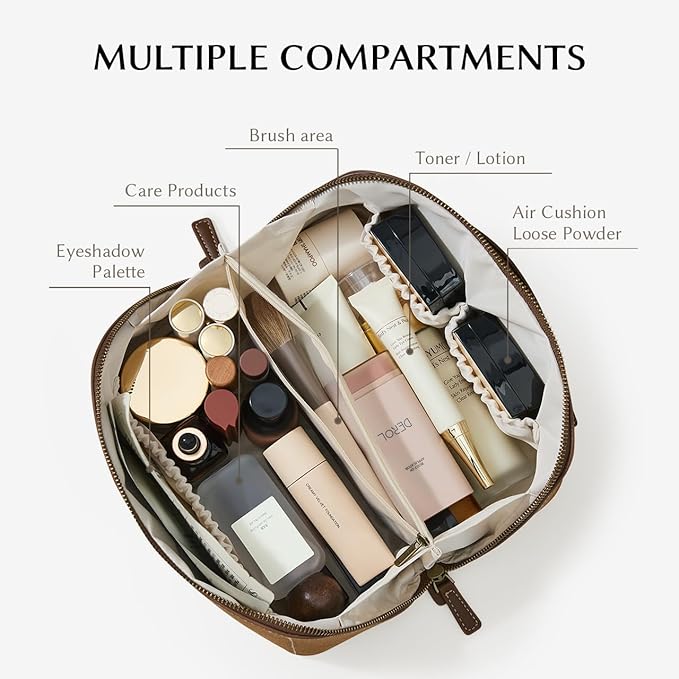 EACHY Travel Makeup Bag, Large Capacity Cosmetic Bag for Women, Waterproof PU Leather, Flat Open Portable Toiletry Bag for Skincare, Brushes & Travel Essentials